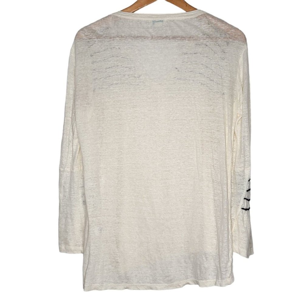 Sundance Small Linen Cream / Black Fluent Henley Bell Sleeve Embroidered Top - Picture 2 of 5